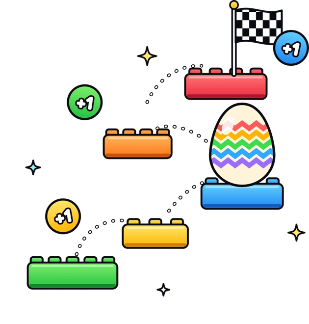 Colorful brick platforms leading up to a checkered finish flag